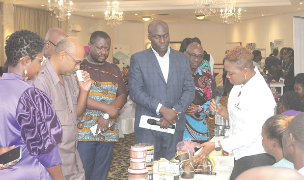 Lily Crentsil (right), Sheabutter Boss-Lead, explaining how the product is made to Irchaad Razaaly, (2nd from left), Ambassador of the Delegation of the European Union to Ghana, and some other dignitaries during the exhibition. Picture: ESTHER ADJORKOR ADJEI Lily Crentsil (right), Sheabutter Boss-Lead, explaining how the product is made to Irchaad Razaaly, (2nd from left), Ambassador of the Delegation of the European Union to Ghana, and some other dignitaries during the exhibition. Picture: ESTHER ADJORKOR ADJEI