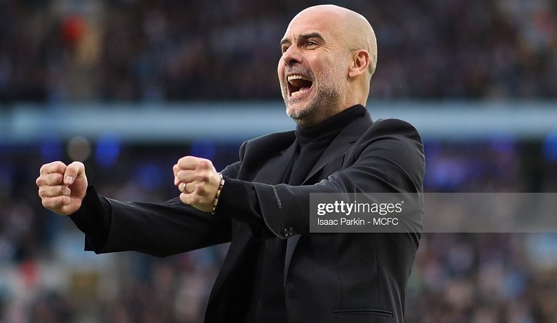 Manchester City coach Pep Guardiola celebrating his side's demolition act on Wednesday Pep Gaurdiola celebrates