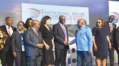 President Akufo-Addo (2nd from right) exchanging pleasantries with Dr Eugene Owusu, Special Advisor of SDG’s and Sherpa to the President on Ocean Action, during the opening session of the National Blue Economy Summit. With them are Dr Archibald Letsa (2nd from left), Volta Regional Minister and Dean of Ministers, Mrs Hawa Koomson (right), Minister of Fisheries and Aquaculture, and Ingrid Mollestard, Ambassador of Norway to Ghana. Picture: EBOW HANSON President Akufo-Addo (2nd from right) exchanging pleasantries with Dr Eugene Owusu, Special Advisor of SDG’s and Sherpa to the President on Ocean Action, during the opening session of the National Blue Economy Summit. With them are Dr Archibald Letsa (2nd from left), Volta Regional Minister and Dean of Ministers, Mrs Hawa Koomson (right), Minister of Fisheries and Aquaculture, and Ingrid Mollestard, Ambassador of Norway to Ghana. Picture: EBOW HANSON