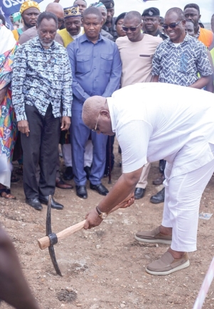 Henry Quartey, Greater Accra Regional Minister, cutting the sod for the commencement of the project. Those in the picture include Alexander Nii-Noi Adumuah (left), the MCE, and Abu Ramadan, MP for Adentan Henry Quartey, Greater Accra Regional Minister, cutting the sod for the commencement of the project. Those in the picture include Alexander Nii-Noi Adumuah (left), the MCE, and Abu Ramadan, MP for Adentan