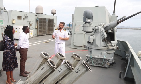 Lt Cdr. David Castillo (right), Commanding Officer, Spanish Navy Ship PSOH TORNADO (P-44), conducting some journalists round the ship. Picture: ELVIS NII NOI DOWUONA Lt Cdr. David Castillo (right), Commanding Officer, Spanish Navy Ship PSOH TORNADO (P-44), conducting some journalists round the ship. Picture: ELVIS NII NOI DOWUONA