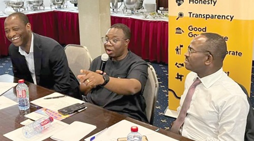 Joshua Mortoti - President of the Ghana Chamber of Mines, explaining a point. Flanked on his left is Dr Sulemanu Koney, CEO of the Chamber of Mines, and Fred Attakumah, First Vice President of the Chamber of Mines Joshua Mortoti - President of the Ghana Chamber of Mines, explaining a point. Flanked on his left is Dr Sulemanu Koney, CEO of the Chamber of Mines, and Fred Attakumah, First Vice President of the Chamber of Mines