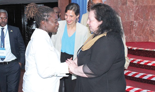 Ama Pomaa Boateng  (left), Deputy Minister, Communications and Digitalisation, interacting with Shlomit Sufa (right), Israeli Ambassador to Ghana. Looking on is Ramona Simon (middle), Ag Head of Development Cooperation, German Embassy, Accra. Picture: ERNEST KODZI