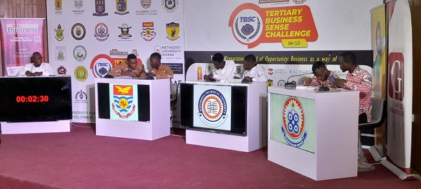 Representatives of the three universities answering questions from the Quiz Master (siting left), Alhassan Yusif Trawule. Representatives of the three universities answering questions from the Quiz Master (siting left), Alhassan Yusif Trawule.