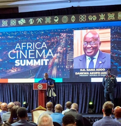 President Akufo-Addo (2nd from right) shaking hands with Odeneho Kwafo Akoto III, Paramount Chief of Akwamu Traditional Area,  at the summit in Accra. With them are Mark Okraku Mante (left), Deputy Minister, Tourism, Arts and Culture, and Juliet Yaa Asantewaa Asante (right), CEO, National Film Authority. Picture: SAMUEL TEI ADANO