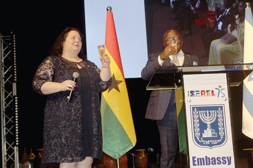 Shlomit Sufa (left), Israeli Ambassador to Ghana, and Seth Kwame Acheampong (right) toast to mark the anniversary. Picture: ESTHER ESTHER ADJORKOR ADJEI Israel’s economic, trade operations in Ghana yields $140 million business deals