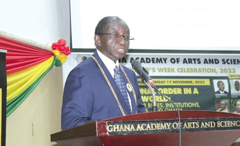 Prof. Kofi Opoku Nti (inset), President, Ghana Academy of Arts and Sciences, inducting Prof. Joseph Awetori Yaro (left), lecturer, Geography and Resource Development, UG; Prof. Samuel Gyassi Obeng (middle), lecturer, Linguistics, UG, and Prof. Alex Boakye Asiedu (right), lecturer, Geography and Resource Development, UG, into the academy. Picture: ERNEST KODZI Prof. Kofi Opoku Nti (inset), President, Ghana Academy of Arts and Sciences, inducting Prof. Joseph Awetori Yaro (left), lecturer, Geography and Resource Development, UG; Prof. Samuel Gyassi Obeng (middle), lecturer, Linguistics, UG, and Prof. Alex Boakye Asiedu (right), lecturer, Geography and Resource Development, UG, into the academy. Picture: ERNEST KODZI