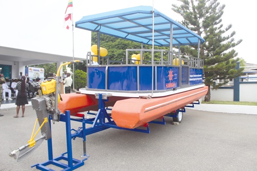 The 20-foot catamaran boat presented to the Ghana Navy at the headquarters. Picture: ESTHER ADJORKOR ADJEI The 20-foot catamaran boat presented to the Ghana Navy at the headquarters. Picture: ESTHER ADJORKOR ADJEI