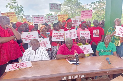 Dr Nii Addo Bruce (middle), a past President of the Ebenezer SHS old students association, with other members of the group addressing the media Dr Nii Addo Bruce (middle), a past President of the Ebenezer SHS old students association, with other members of the group addressing the media