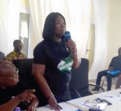 • Mrs Bernadette Addo Dankwa, the Board Chairperson of the bank delivering her address at the ceremony. South Birim Rural Bank assists customers