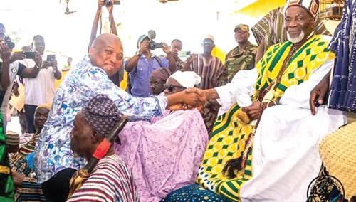 Ya-Na Abukari II (right), the Overlord of Dagbon, in a handshake with Samuel Okudzeto Ablakwa, MP for North Tongu. INSET: The truckload of the Ya- Na's donations Ya-Na Abukari II (right), the Overlord of Dagbon, in a handshake with Samuel Okudzeto Ablakwa, MP for North Tongu. INSET: The truckload of the Ya- Na's donations