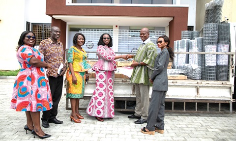Abena Kumordzi-Agbodemegbe (2nd from right) presenting the items to Lilian Baeka, Chief Director, RCC. With them are Jemimah Lomotey (3rd from left), Regional Economic Planning Director; Prince Newman (2nd from left), Coordinating Director; Yaa Boahemaa Okyere (left), PRO, all of the RCC; and Light Enyo Amedor (right), Deputy Human Resource Manager, Wire Weaving Ind. Ltd Abena Kumordzi-Agbodemegbe (2nd from right) presenting the items to Lilian Baeka, Chief Director, RCC. With them are Jemimah Lomotey (3rd from left), Regional Economic Planning Director; Prince Newman (2nd from left), Coordinating Director; Yaa Boahemaa Okyere (left), PRO, all of the RCC; and Light Enyo Amedor (right), Deputy Human Resource Manager, Wire Weaving Ind. Ltd