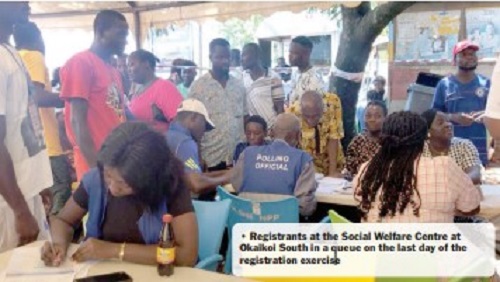 Registrants at the Social Welfare Centre at Okaikoi South in a queue on the last day of the registration exercis