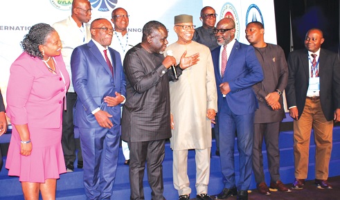 Kwaku Ofori Asiamah (3rd from left), Minister of Transport, declaring the programme duly launched. With him are Frank Davies (3rd from right), Board Charman, DVLA,  Dr Mohammed Ibn Chambas (middle), AU High Representative on Silencing the Gun in Africa, Kwasi Agyeman Busia (2nd from left), CEO, DVLA, and other dignitaries. Picture: ERNEST KODZI