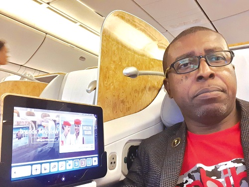 On board the Emirates flight at 6:12pm. on February 23, 2020 headed for Dubai
