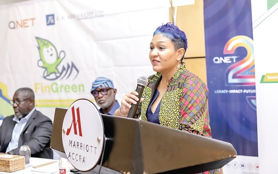 Ramya Chandrasekaran, Chief Communications Officer, QI Group, parent entity of QNET, addressing participants in the FinGreen launch Ramya Chandrasekaran, Chief Communications Officer, QI Group, parent entity of QNET, addressing participants in the FinGreen launch
