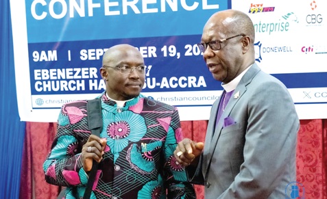 Rt Rev. Dr Hilliard Dogbe (right), Chairman of the Christian Council of Ghana, interacting with Rev. Dr Ezekiel Lesmore, Programmes Director of the All African Conference of Churches, at the ceremony Rt Rev. Dr Hilliard Dogbe (right), Chairman of the Christian Council of Ghana, interacting with Rev. Dr Ezekiel Lesmore, Programmes Director of the All African Conference of Churches, at the ceremony