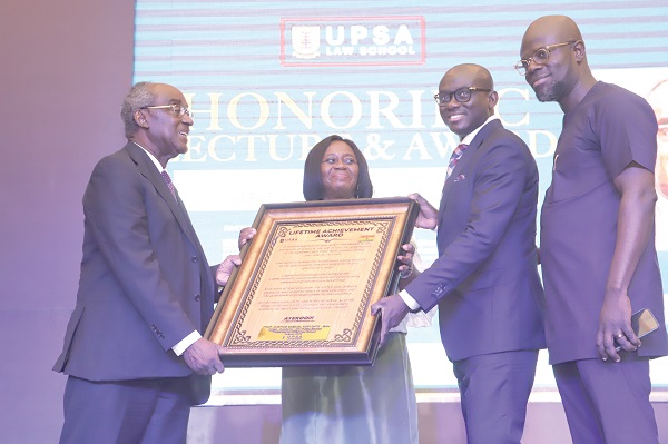 Justice Gertrude Araba Torkonoo (2nd from left), Chief Justice, Prof. Kofi Abotsi (right), Dean, UPSA Law School, and Godfred Yeboah Dame (2nd from right), Minister of Justice and Attorney-General, jointly presenting a citation to Prof. Samuel Kofi Date-Bah (left). Picture: SAMUEL TEI ADANO Justice Gertrude Araba Torkonoo (2nd from left), Chief Justice, Prof. Kofi Abotsi (right), Dean, UPSA Law School, and Godfred Yeboah Dame (2nd from right), Minister of Justice and Attorney-General, jointly presenting a citation to Prof. Samuel Kofi Date-Bah (left). Picture: SAMUEL TEI ADANO