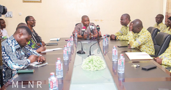 George Mireku Duker (middle), Deputy Minister of Lands and Natural Resources, addressing management of the Ghana Geological Survey Authority, led by Isaac Mwinbelle (2nd from right), acting Director-General of the GGSA George Mireku Duker (middle), Deputy Minister of Lands and Natural Resources, addressing management of the Ghana Geological Survey Authority, led by Isaac Mwinbelle (2nd from right), acting Director-General of the GGSA