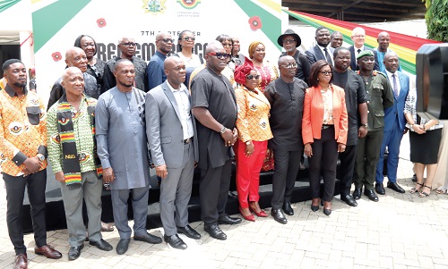 Osei Assibey Antwi (5th from right), Executive Director, National Service Scheme, with Maamle Andrews (4th from right), Chief Director, Ministry of Education; Nee Odoi Tetteyfio (5th from left), Board Chairman, National Service Scheme; Gideon Osei (left), President, National Service Personnel Association, and some dignitaries after the Remembrance Day ceremony in Accra. Picture: ELVIS NII NOI DOWUONA Osei Assibey Antwi (5th from right), Executive Director, National Service Scheme, with Maamle Andrews (4th from right), Chief Director, Ministry of Education; Nee Odoi Tetteyfio (5th from left), Board Chairman, National Service Scheme; Gideon Osei (left), President, National Service Personnel Association, and some dignitaries after the Remembrance Day ceremony in Accra. Picture: ELVIS NII NOI DOWUONA