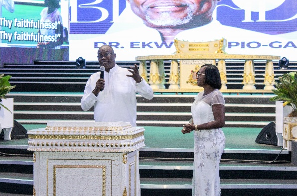 Dr Ekwow Spio-Garbrah and his wife, Bishop Dr Aramansah during the thanksgiving service Dr Ekwow Spio-Garbrah and his wife, Bishop Dr Aramansah during the thanksgiving service
