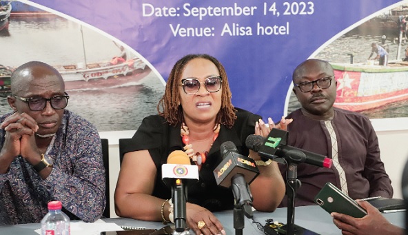 Mavis Hawa Koomson (middle), Minister of Fisheries and Aquaculture Development, addressing participants in the media briefing. Those with her are Moses Anim (right), Deputy Minister of Fisheries and Aquaculture Development, and Emmanuel Agyei Anhwere (left), Vice Chairman, Agric Committee of Parliament. Picture: EDNA SALVO-KOTEY Mavis Hawa Koomson (middle), Minister of Fisheries and Aquaculture Development, addressing participants in the media briefing. Those with her are Moses Anim (right), Deputy Minister of Fisheries and Aquaculture Development, and Emmanuel Agyei Anhwere (left), Vice Chairman, Agric Committee of Parliament. Picture: EDNA SALVO-KOTEY
