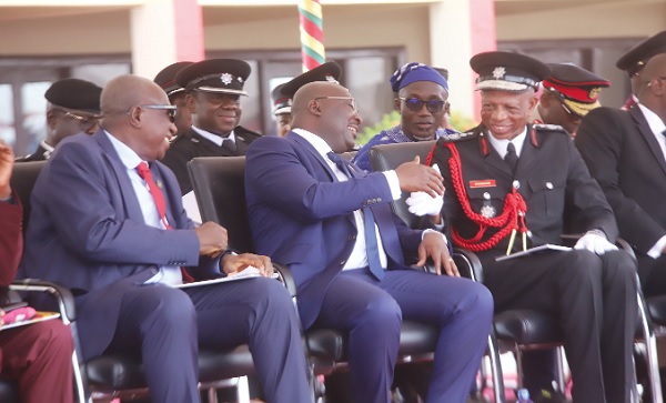 Vice-President Dr Mahamudu Bawumia (2nd from left) interacting with Julius A. Kuunuor (right), Chief Fire Officer, during the Cadet Course 23 graduation ceremony. With them is Ambrose Dery (left), Minister for the Interior. Picture: SAMUEL TEI ADANO Vice-President Dr Mahamudu Bawumia (2nd from left) interacting with Julius A. Kuunuor (right), Chief Fire Officer, during the Cadet Course 23 graduation ceremony. With them is Ambrose Dery (left), Minister for the Interior. Picture: SAMUEL TEI ADANO