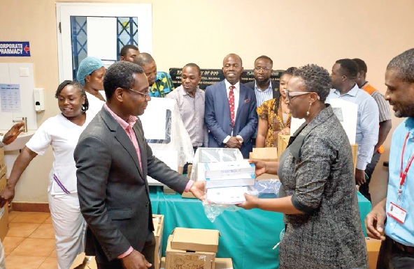 Sophia Kudjordji (right), Chief Corporate Communication Officer, Jospong Group, presenting the hospital equipment to Apostle Dr Edward Arko Kwarteng, Medical Director, Pentecost Hospital Sophia Kudjordji (right), Chief Corporate Communication Officer, Jospong Group, presenting the hospital equipment to Apostle Dr Edward Arko Kwarteng, Medical Director, Pentecost Hospital