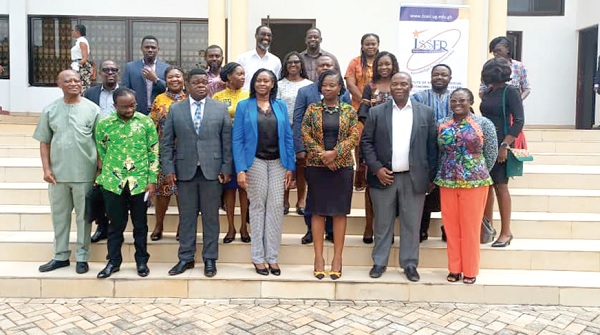 Prof. Peter Quartey (3rd from left), Director, ISSER, with Prof. Augustin Fosu (left), of ISSER; Rebecca Teiko Sabah (3rd from right), National Director, Development and Social Services, Presbyterian Church of Ghana, and other participants in the dialogue Prof. Peter Quartey (3rd from left), Director, ISSER, with Prof. Augustin Fosu (left), of ISSER; Rebecca Teiko Sabah (3rd from right), National Director, Development and Social Services, Presbyterian Church of Ghana, and other participants in the dialogue