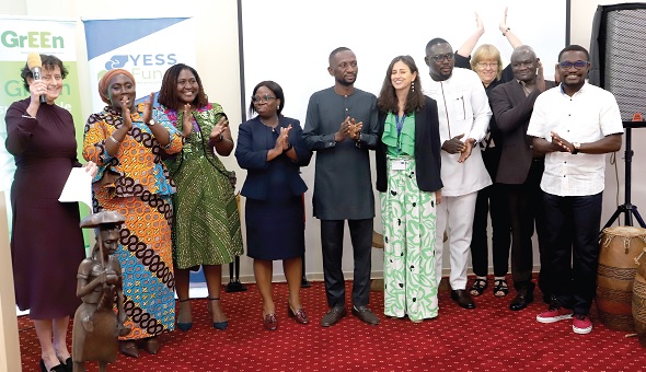 Sherif Ghali (4th from left), Chief Executive Office, Young Entrepreneur and Startups Funds; Barbara White Koala (left), Country Director, SNV Netherlands Development Organisation, and Bettina Schoop (arrowed) of the GIZ, and other dignitaries after the launch of the YESS Fund Sherif Ghali (4th from left), Chief Executive Office, Young Entrepreneur and Startups Funds; Barbara White Koala (left), Country Director, SNV Netherlands Development Organisation, and Bettina Schoop (arrowed) of the GIZ, and other dignitaries after the launch of the YESS Fund
