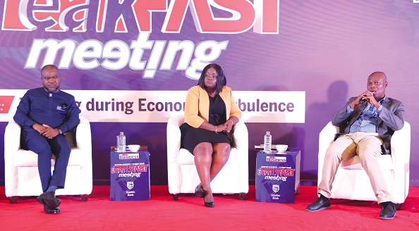 Prof. John Gatsi (right), a Chartered Economist, speaking during the Graphic Business/Stanbic Bank Breakfast Meeting in Accra. With him are Prof. Agyapomaa Gyeke-Dako (middle) and Micheal Bozumbil, CEO, Petrosol. Picture: ELVIS NII NOI DOWUONA Prof. John Gatsi (right), a Chartered Economist, speaking during the Graphic Business/Stanbic Bank Breakfast Meeting in Accra. With him are Prof. Agyapomaa Gyeke-Dako (middle) and Micheal Bozumbil, CEO, Petrosol. Picture: ELVIS NII NOI DOWUONA
