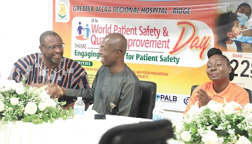 Dr Emmanuel K. Srofenyoh (middle), Medical Director, Greater Accra Regional Hospital, exchanging pleasantries with Dr Gilbert Buckle (left), a Quality Improvement Consultant, after the ceremony. With them is Gifty Aryee (right), Head of Nursing, Greater Accra Regional Hospital. Picture: EDNA SALVO-KOTEY Dr Emmanuel K. Srofenyoh (middle), Medical Director, Greater Accra Regional Hospital, exchanging pleasantries with Dr Gilbert Buckle (left), a Quality Improvement Consultant, after the ceremony. With them is Gifty Aryee (right), Head of Nursing, Greater Accra Regional Hospital. Picture: EDNA SALVO-KOTEY