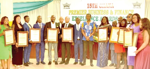 Mark Okraku Mantey (middle), Deputy Minister of Tourism, Arts and Culture, Ralph Ayitey (arrowed), Vice-President, Association of Ghana Industries, and some of the award winners at the 15th edition Mark Okraku Mantey (middle), Deputy Minister of Tourism, Arts and Culture, Ralph Ayitey (arrowed), Vice-President, Association of Ghana Industries, and some of the award winners at the 15th edition
