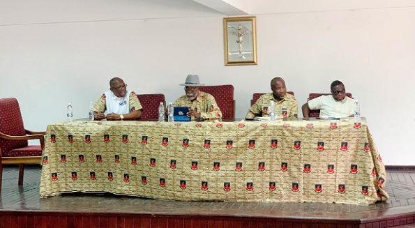 Captain Daniel Deynu (2nd from left), a lecturer at the Regional Maritime University, with the National Executive Council members, addressing delegates (left) Captain Daniel Deynu (2nd from left), a lecturer at the Regional Maritime University, with the National Executive Council members, addressing delegates (left)