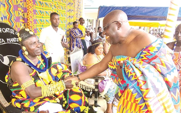 Nene Dr Tei-Djahene Korabo IV (left) welcoming Seth Acheampong, Eastern Regional Minister, to the 2023 Ngmayem festival which also marked his 25th anniversary as chief of Manya Jorpanya in the Greater Accra Region Nene Dr Tei-Djahene Korabo IV (left) welcoming Seth Acheampong, Eastern Regional Minister, to the 2023 Ngmayem festival which also marked his 25th anniversary as chief of Manya Jorpanya in the Greater Accra Region