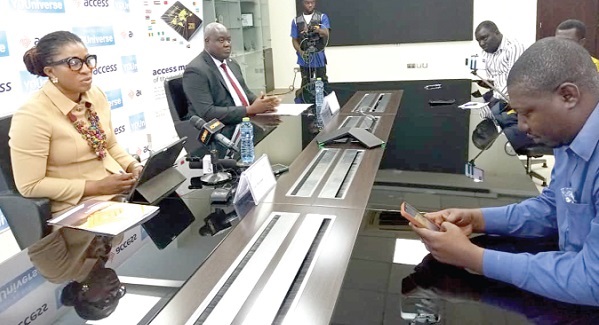 • Pearl Nkrumah (left), Executive Director in charge of Retail and Digital Banking, and Mr James Bruce, Executive Director in charge of Wholesale Banking, addressing the media 