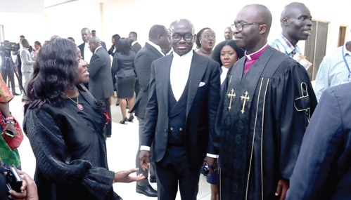 Justice Gertrude Sackey Torkornoo (left), Chief Justice, interacting with Rev. Washington Komla Darke (right), Senior Pastor of Calvary Baptist Church, and Godfred Yeboah Dame (middle), Attorney-General and Minister of Justice. Picture: ELVIS NII NOI DOWUONA 