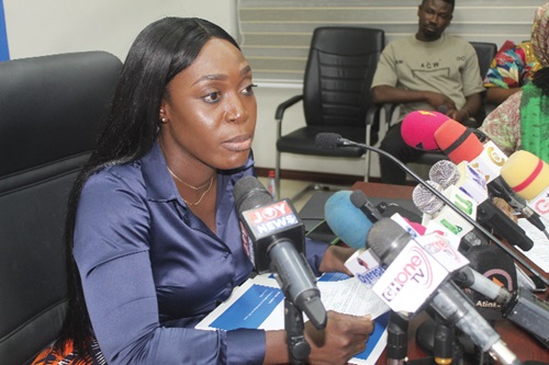 Dakoa Newman (left), Minister of Gender, Children and Social Protection, briefing journalists. Picture: ESTHER ADJORKOR ADJEI