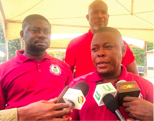 Godwin Awoonor-Yevu (right), Eastern Regional Chairman of the NAGRAT, addressing the press Godwin Awoonor-Yevu (right), Eastern Regional Chairman of the NAGRAT, addressing the press