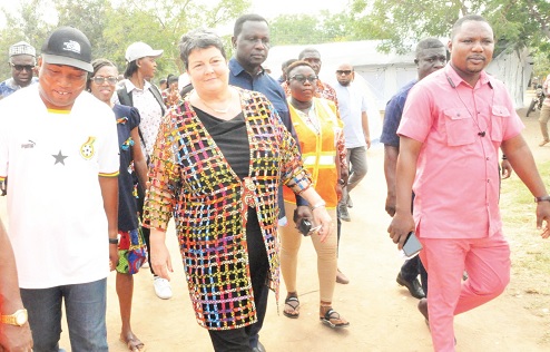 Virginia Palmer (middle), US Ambassador to Ghana; Samuel Okudzeto Ablakwa (left), MP for North Tongu; Dr Yaw Osei Adutwum (arrowed), Minister of Education, and other dignitaries touring the Agbetikpo DA Basic School camp Virginia Palmer (middle), US Ambassador to Ghana; Samuel Okudzeto Ablakwa (left), MP for North Tongu; Dr Yaw Osei Adutwum (arrowed), Minister of Education, and other dignitaries touring the Agbetikpo DA Basic School camp