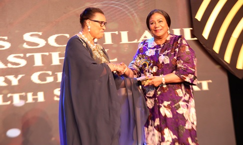 Rebecca Akufo-Addo, First Lady, presenting an award to Patricia Scotland (left), Secretary-General of the Commonwealth of Nations, at the 2024 Africa Prosperity Dialogues awards night in Accra. Picture: SAMUEL TEI ADANO