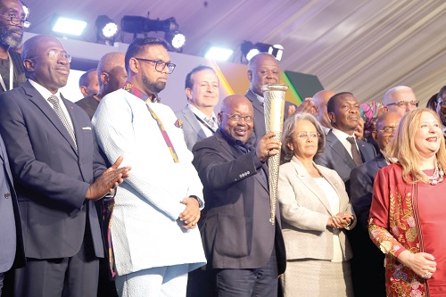 President Akufo-Addo (3rd from left) displaying a touch. With him are Dr Mohammed Irfaan (2nd from left), President of Guyana, and Sahle-Work Zewde (2nd from right), President of Ethiopia, at the closing ceremony of the Africa Prosperity Dialogues at Peduase in the Eastern Region. Picture: SAMUEL TEI ADANO President Akufo-Addo (3rd from left) displaying a touch. With him are Dr Mohammed Irfaan (2nd from left), President of Guyana, and Sahle-Work Zewde (2nd from right), President of Ethiopia, at the closing ceremony of the Africa Prosperity Dialogues at Peduase in the Eastern Region. Picture: SAMUEL TEI ADANO
