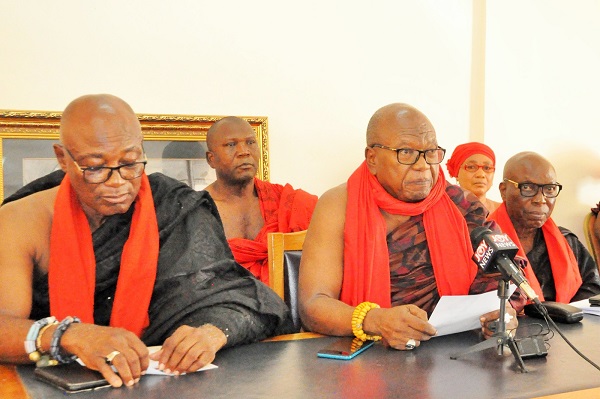 Togbe Adzie Lakle Howusu XII (second from right), Awafiaga of Asogli addressing the press conference Togbe Adzie Lakle Howusu XII (second from right), Awafiaga of Asogli addressing the press conference