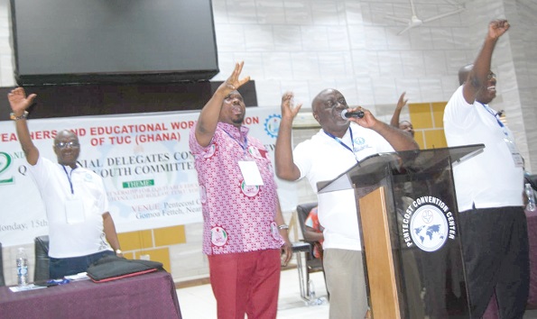 Mark Dankyira Korankye (with mic), General Secretary of TEWU, leading the charge at the conference Mark Dankyira Korankye (with mic), General Secretary of TEWU, leading the charge at the conference