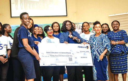 Grace Isaac-Aryee (left), Treasurer & Chairperson of FBNBank Women’s Network, presenting the cheque to Elizabeth Akua Nyarko Patterson, Executive Director of GEIG Grace Isaac-Aryee (left), Treasurer & Chairperson of FBNBank Women’s Network, presenting the cheque to Elizabeth Akua Nyarko Patterson, Executive Director of GEIG