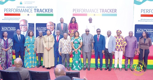 Kojo Oppong Nkrumah (2nd from left), Minister of Works and Housing, and Fati Abubakar (5th from left), Minister of Information designate, with some of the ministers whose ministries have featured in the performance tracker Kojo Oppong Nkrumah (2nd from left), Minister of Works and Housing, and Fati Abubakar (5th from left), Minister of Information designate, with some of the ministers whose ministries have featured in the performance tracker
