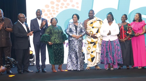 Yvette Adounvo Atekpe (4th from left), founder and CEO of Dynamic Data Solutions 55, with Rebecca Akufo-Addo (5th from left), First Lady of the Republic of Ghana; Ursula Owusu-Ekuful (3rd from right), Minister of Communications and Digitalisation; Nana Ama A.S. Daaku (2nd from right), Board Member, National Communications Authority, and some dignitaries after launching Dynamic Data Solution in Accra. Picture: ELVIS NII NOI DOWUONA Yvette Adounvo Atekpe (4th from left), founder and CEO of Dynamic Data Solutions 55, with Rebecca Akufo-Addo (5th from left), First Lady of the Republic of Ghana; Ursula Owusu-Ekuful (3rd from right), Minister of Communications and Digitalisation; Nana Ama A.S. Daaku (2nd from right), Board Member, National Communications Authority, and some dignitaries after launching Dynamic Data Solution in Accra. Picture: ELVIS NII NOI DOWUONA