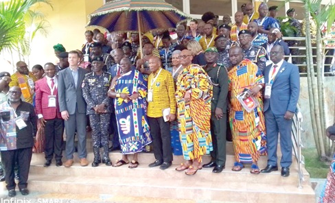 Otumfuo Osei Tutu II, the Asantehene, some dignitaries and some of the Rotarians at the conference, after the opening of the two-day conference in Kumasi Otumfuo Osei Tutu II, the Asantehene, some dignitaries and some of the Rotarians at the conference, after the opening of the two-day conference in Kumasi