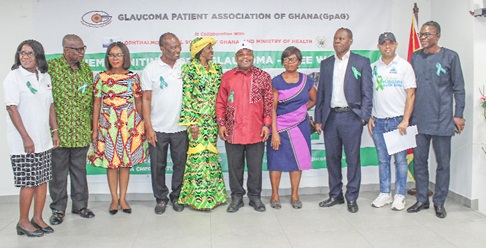 Nana Konadu Agyeman-Rawlings (5th from left), former First Lady, with Dr Mavis Sakyi (3rd from left), Ag Head of Public and Health Promotion, Ministry of Health; Dr Patrick Kuma- Aboagye (3rd from right), Director-General, Ghana Health Service; Dr Charles Mensah Cofie (5th from right), Chairman, Glaucoma Working Group, and Harrison Kofi Abutiate (4th from left), President of Glaucoma Patients Association of Ghana. With them are other dignitaries. Nana Konadu Agyeman-Rawlings (5th from left), former First Lady, with Dr Mavis Sakyi (3rd from left), Ag Head of Public and Health Promotion, Ministry of Health; Dr Patrick Kuma- Aboagye (3rd from right), Director-General, Ghana Health Service; Dr Charles Mensah Cofie (5th from right), Chairman, Glaucoma Working Group, and Harrison Kofi Abutiate (4th from left), President of Glaucoma Patients Association of Ghana. With them are other dignitaries.