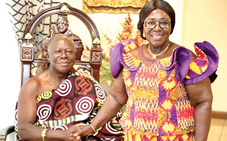 Otumfuo Osei Tutu (left), Asantehene, exchanging pleasantries with Akosua Frema Osei-Opare, Chief of Staff at the Office of the President Otumfuo Osei Tutu (left), Asantehene, exchanging pleasantries with Akosua Frema Osei-Opare, Chief of Staff at the Office of the President